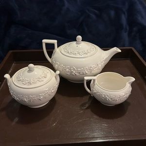 Vintage Wedgwood Embossed Queensware Cream on Cream Teapot, creamer, sugar bowl